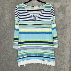 Rafaella Large Top Shirt Blue Striped 3/4 Sleeve Keyhole Scoop Neck Cotton Knit